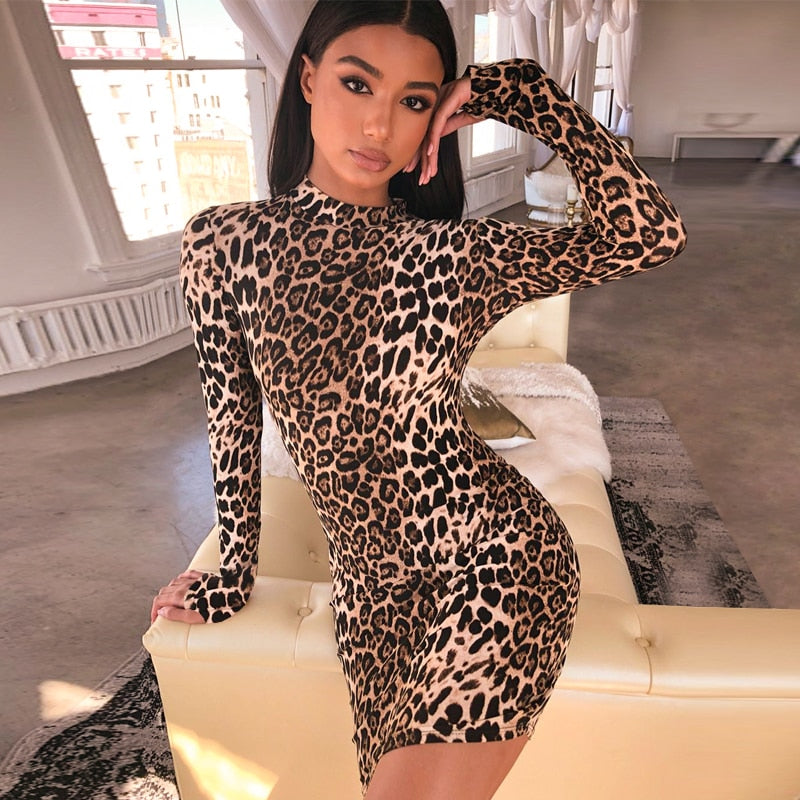 Catirini- Long Sleeve High Neck Leopard Dress