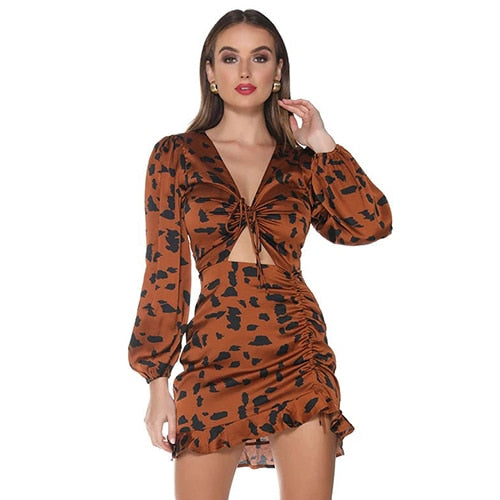 Drawstring Bow Puff Long Sleeve V-Neck Mini Dress